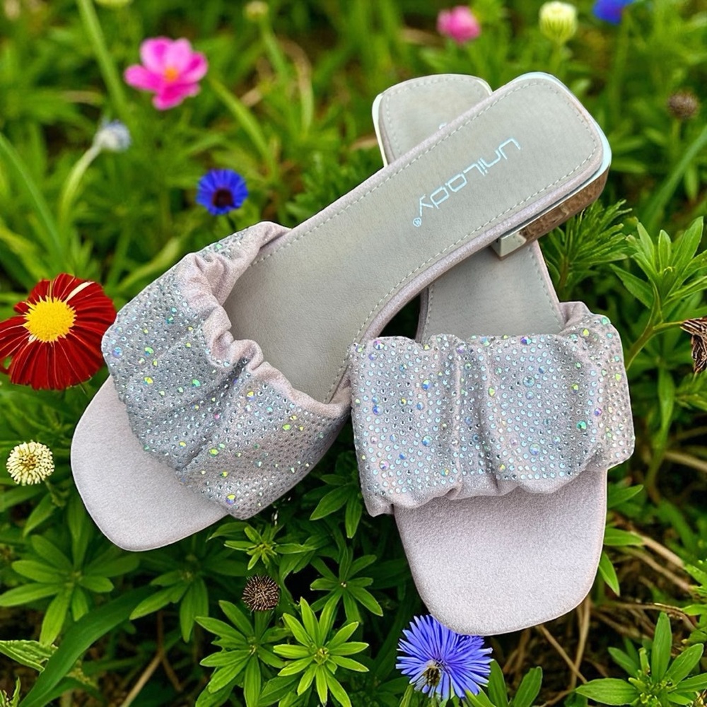 Baby Pink Ruffle with Rhinestones Slide Sandals